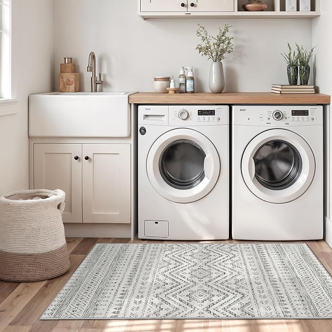 Miukiki 4x6 Area Rug for Living Room Moroccan Washable Rugs Non Slip Indoor Floor Carpet Foldable Large Soft Area Rug for Dining Room Bedroom with Low Pile(Grey,4'x6')