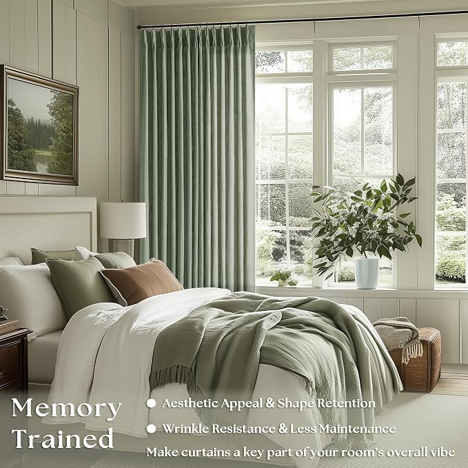 Sage Green Pinch Pleat Semi Sheer Linen Curtains 108 Inches Long 2 Panels | for Living Room Window, Farmhouse Boho, 400GSM Linen Textured, Pinch Pleated with Hooks Rings, Memory Shape, Light Filtering