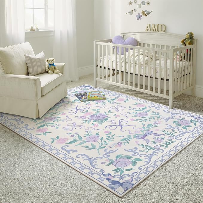 Collive Purple Floral Rugs for Girls, 5x7 Washable Bow Area Rug for Living Room, Cute Ultra-Thin Non Slip Indoor Decor Carpet for Nursery Kids Room Bedroom Playroom (Purple 5' x 7')