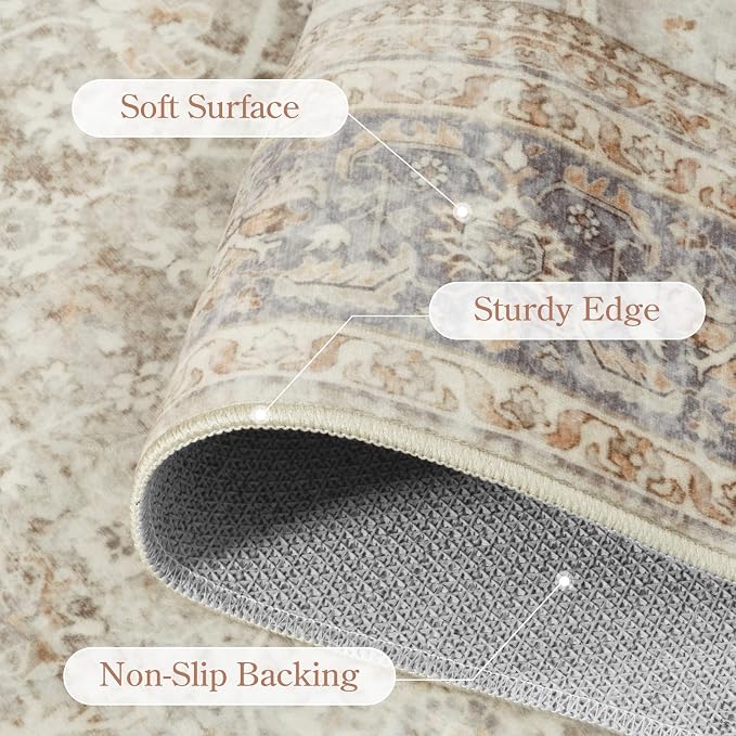 Collive Washable Area Rug 6x9, Large Boho Rugs for Living Room Vintage Soft Rugs for Bedroom, Non Slip Ultra-Thin Dining Room Floor Carpet for Entryway Kitchen Office - Tan