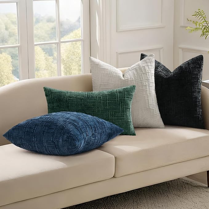 decorUhome Textured Chenille Throw Pillow Covers 18x18 Set of 2 Green | Fall Modern Farmhouse Soft Cozy Slubby Couch Pillow Cases Boho Decorative Pillow Cases for Bed Sofa Living Room Home Decor