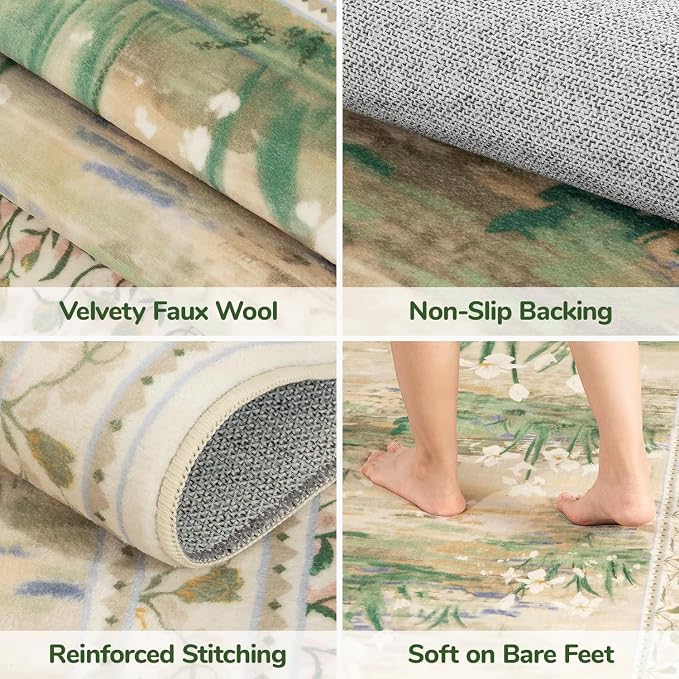 Lessymo Floral 8x10 Area Rugs for Living Room, Soft Non Slip Washable Rugs for Dining Room Bedroom, Low Pile Green Rug, Cottagecore Impressionist-Style Decor Carpet, Beige Sage