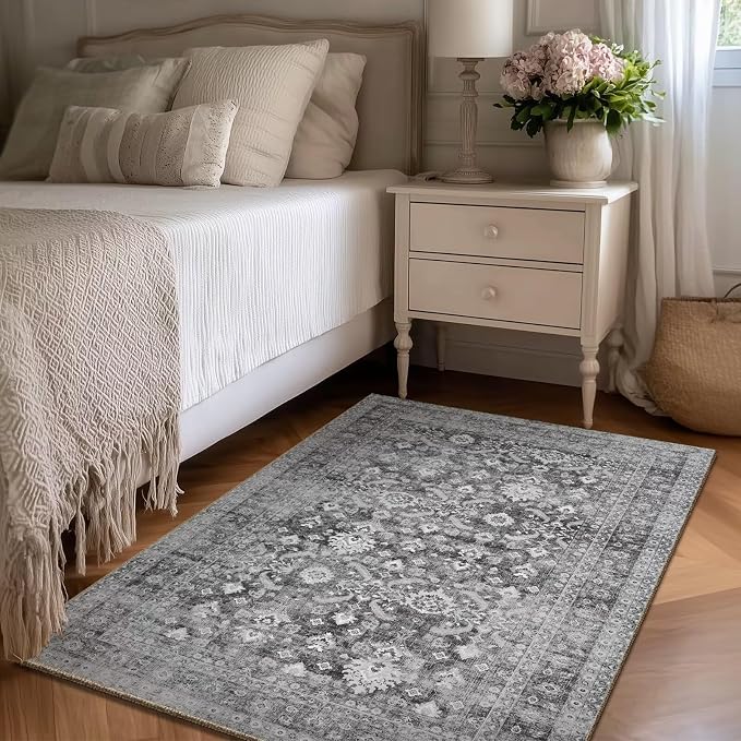 Washable 3x5 Entryway Rug, Boho Vintage Non-Slip Door Mat, Grey | 0.3" Neutral Throw Small Rugs for Bedroom Kitchen Nursery Entrance, Cushioned for High-traffic Area