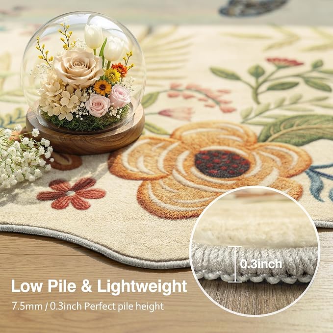 FMFUNCTEX 3x5 Washable Beige Floral Vintage Scalloped Area Rug for Entryway | Flower Colorful Traditional Boho Non Slip Low Pile Pattern Indoor Carpet Entrance Soft Rug Living Room Bedroom Kitchen Office