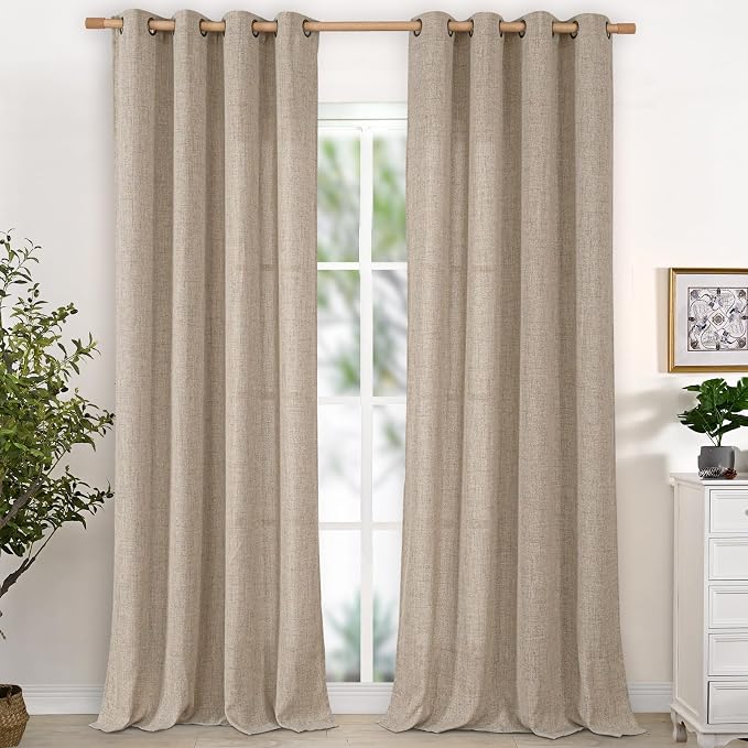 YoungsTex Oatmeal Linen Curtains 98 Inch Length for Living Room Window, Light Filtering Drapes Rustic Semi Sheer with Bronze Grommet Privacy for Bedroom Farmhouse Decorative, 52 x 98 Inch, 2 Panels