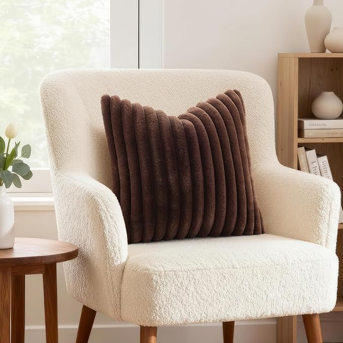 decorUhome Fall Faux Fur Throw Pillow Covers 20x20 Set of 2 Dark Brown | Decorative Soft Cozy Striped Plush Modern Farmhouse Boho Couch Pillow Cases Velvet Back for Sofa Bed Living Room Home Decor
