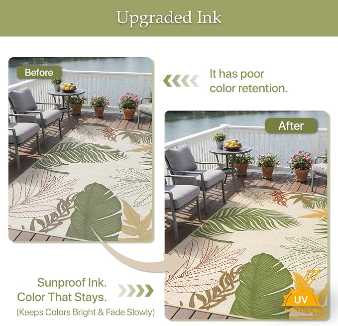 GENIMO 6x9 Outdoor Rug, Washable for Patio and Deck, Beige Green | Botanical leaf design for dining area; fade resistant chenille with quick-dry non-slip backing for indoor sunroom.