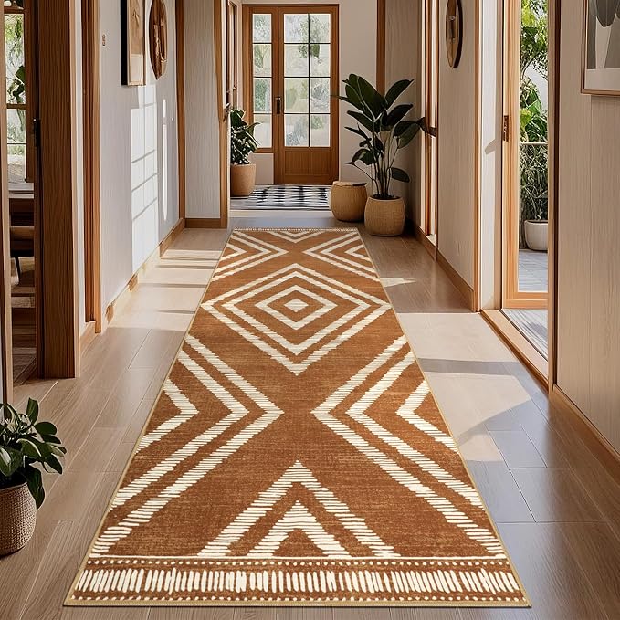 Boho Hallway Runner Rugs 3x10ft Non Slip, Long Brown Washable Kitchen Rug Runners Non Shedding, Geometric Floor Carpet for Bedroom Farmhouse Entryway Living Room Home Decor