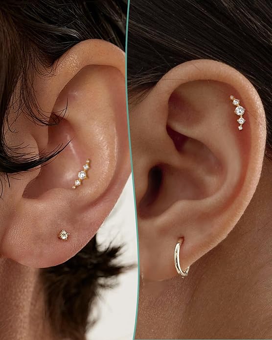 COCHARM Yellow Gold Helix Earring Stud 16g Flat Back 10K Real Gold Climber Helix Piercing Jewelry 6mm Solid Gold Cartilage Stud 8mm Cute 10kt Conch Stud Jewelry Hypoallergenic for Ears
