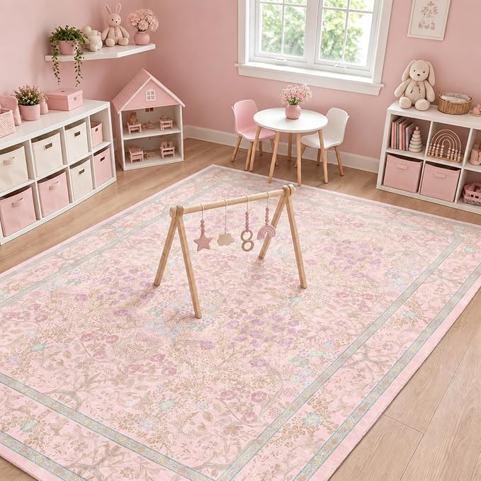 Farmhouse Light Pink Washable Living Room Rug 5x7, Floral Area Rug for Bedroom, Nursery, Dining Room Under Table, Home Office, Low Pile Non Slip Boho Carpet, Soft Cottagecore Botanical Accent Mat