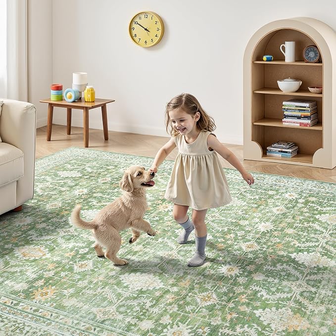 Lofus 9x12 Area Rug for Living Room, Light Green Washable Area Rugs with Non-Slip Backing,Soft Boho Carpets for Bedroom Dining Room Home Office Indoor Nursery