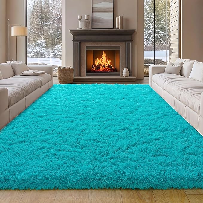 8x10 Large Area Rugs for Living Room, Teal Blue Fluffy Shag Rug | Soft and Comfy, Big Fuzzy Carpet for Bedroom, Nursery, Kids, Girls, Boys Room Dorm Home Decor Aesthetic, Upgrade Non Slip