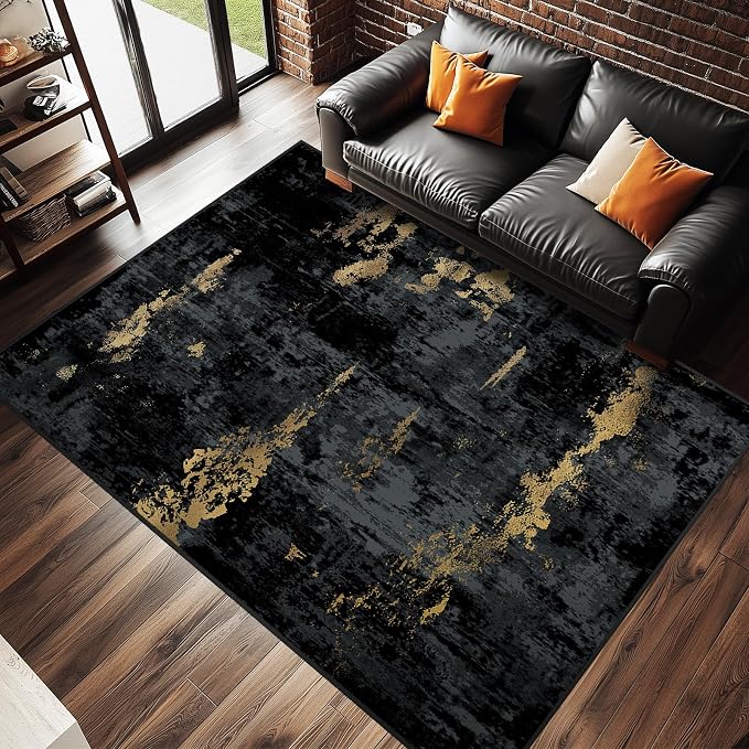 RELEANY Washable Area Rugs 6'x8' Non-Slip Modern Abstract Soft for Living Room Entryway Bedroom Kitchen, Print Pattern, Dark Black Gold