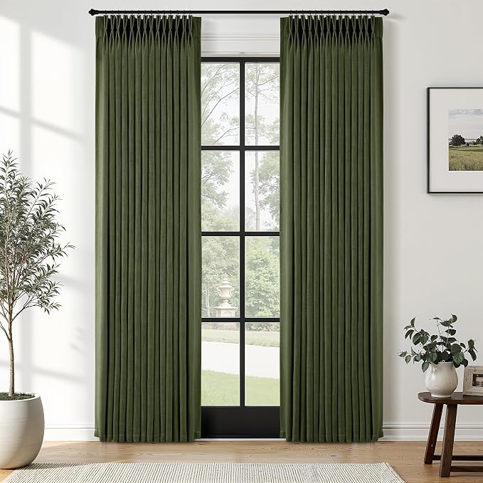 Olive Green Pleated Linen Curtains 84 Inches Long for Living Dining Room Bedroom Light Filtering Boho Window Drapes 2 Panels with Hooks Rings Clips Sliding Glass Door Semi Sheer Curtain Pinch Pleat