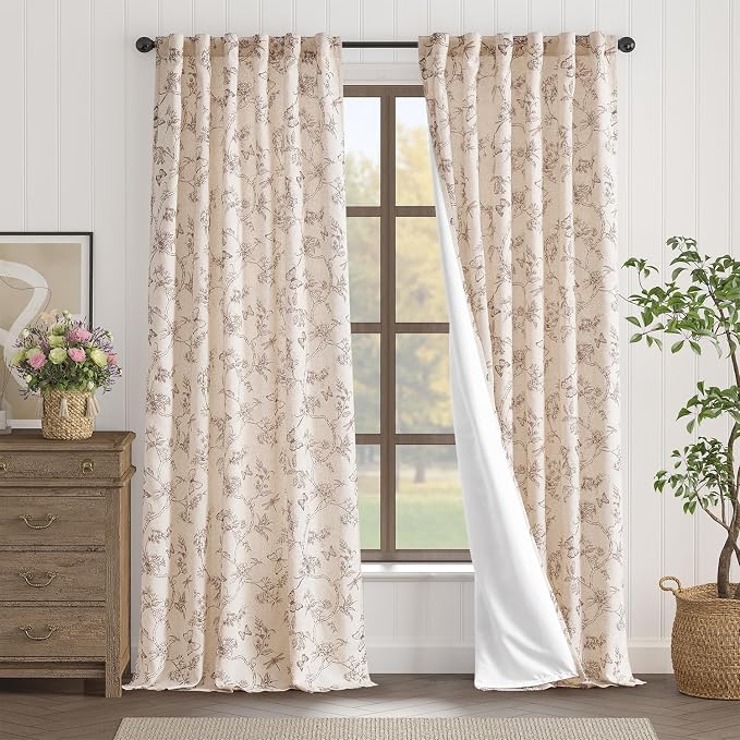 Lazzzy Charlotte Farmhouse Lined Linen Taupe Floral Curtains 96 Inch Long Back Tab Drapes for Living Room Bedroom Light Filtering Country Vintage Rod Pocket, 2 Panels, Taupe on Beige