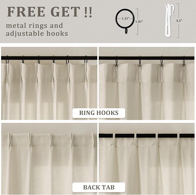 Pinch Pleated 105 Inch Linen Curtains with Hooks Rings Semi Sheer | Light Filtering, Custom, Memory Shape, Pleat Drape, 105 Inches, for Living Dining Room, Farmhouse, Grayish Beige Tan, 1 Panel