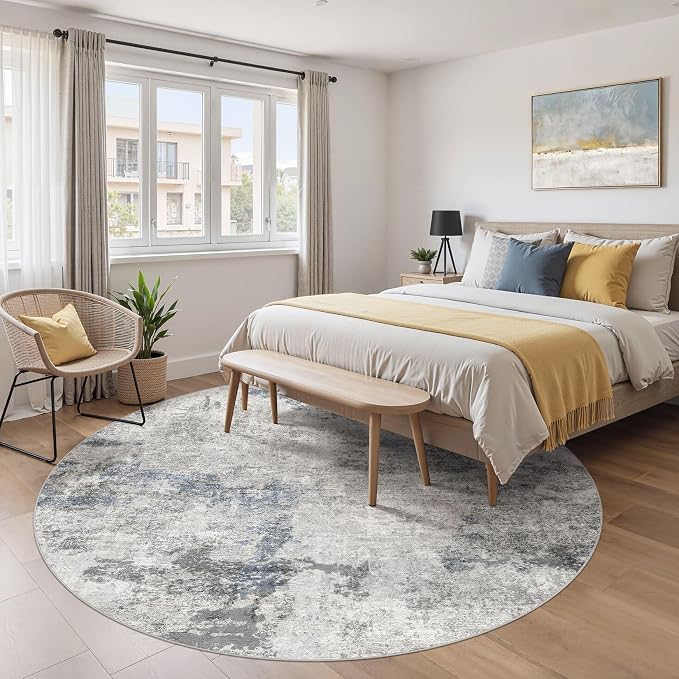 DMOYEST 8ft Round Area Rug for Living Room - 8x8 Washable & Non Slip Circle Rug, Kid & Pet Friendly Soft Low Pile Abstract Carpet for Bedroom and Dining Room - Grey Blue