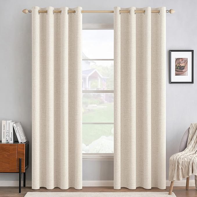 MIULEE 100% Blackout Linen Textured Curtains for Bedroom Solid Thermal Insulated Cream Beige Grommet Room Darkening Curtains & Drapes Luxury Decor for Living Room 52 x 96 Inch (2 Panels)