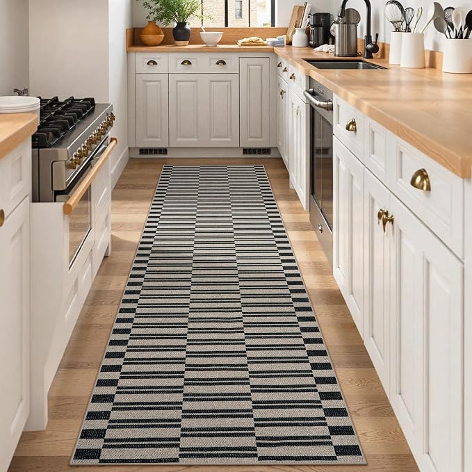 Lahome Striped Easy Jute Kitchen Runner Rug, 2x8 Washable Outdoor Rugs | Black Non Slip Indoor Entryway Runners, Modern Farmhouse Neutral Non Shedding Carpet for Hallway Porch Foyer Laundry Room