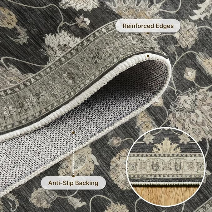 10x14 Area Rug for Living Room-Vintage Farmhouse Boho Floral Washable Stain Resistant Indoor Carpet for Bedroom Office and Home Decor(Black&Gold)