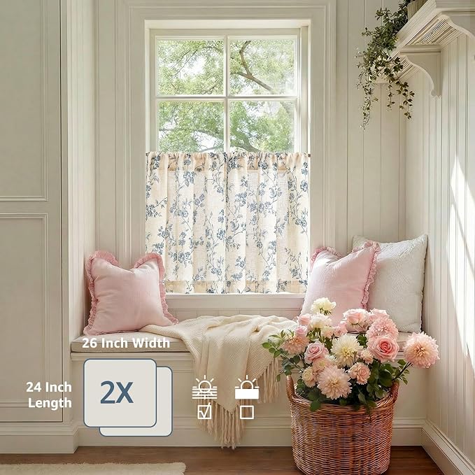 Lazzzy Elisa Floral Kitchen Curtains 24 Inch Linen Cafe Curtains Farmhouse Half Window Drapes Over Sink Light Filtering for Small Windows Rod Pocket Back Tab 2 Panels Blue on Beige