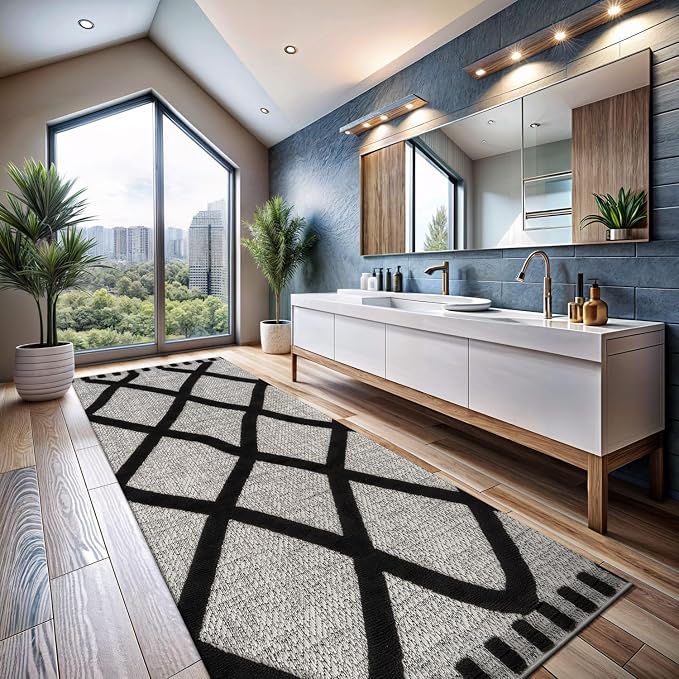 CAMILSON Modern Runner Rug 2x7 Luxury Diamond Pattern Micro Loop Hallway Rugs Soft High-Low Pile Stain Resistant Easy to Clean Non-Shedding Durable Entryway Kitchen Indoor Area Carpet (Black/White)