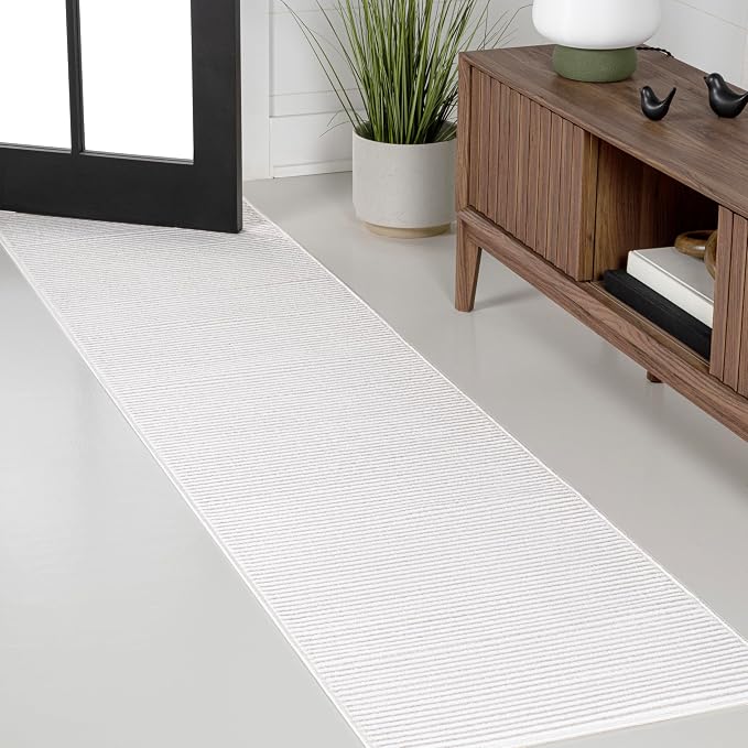 JONATHAN Y Cole Pinstripe High-Low White/Silver Runner Rug, 2x8, Modern, Minimalist, Easy-Cleaning for Living Room, Bedroom, Kitchen, Pet Friendly, Non-Shedding (CAR101C-28)
