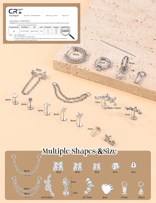 ORAZIO 16G/18G/20G Threadless Flat Back Earrings 316L Surgical Steel Cartilage Earring Stacks Flatback Push in Nose Rings Studs Hypoallergenic Tragus Helix Conch Labret Medusa Piercing Jewelry