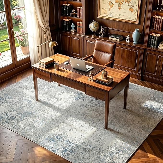 Washable Rugs 8x10 Area Rugs for Living Room - Modern Abstract Rugs for Bedroom,Dining Room,Large Soft Low Pile Carpet with Non Slip Rubber Backing,Neutral Accent Nursery Rug- Beige Blue