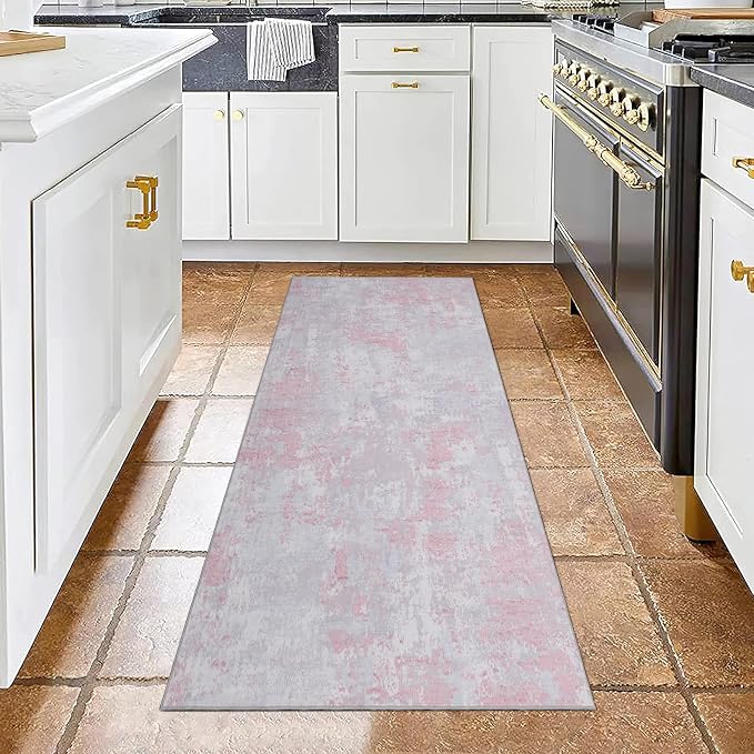 ROYHOME Modern Abstract 2x10 Runner Rug Washable Non Slip Stain Resistant Rug for Hallway Kitchen Bedroom Non Shedding Low Pile Indoor Floor Cover,Grey Pink