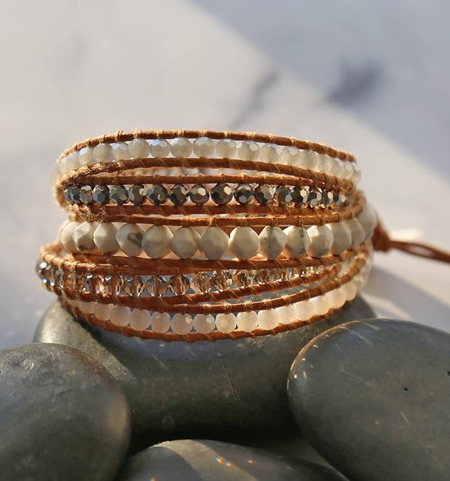 MGR MY GEMS ROCK! 35-Inch Long Multi-Layer Hand Crafted Gemstone and Crystal Multi-Stone Beaded on Genuine Leather Boho Style Stackable Super Wrap Bracelet, up to 5 Wraps.