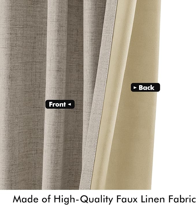 MIULEE 100% Blackout Linen Curtains 42 x 90 Inch Pebble Taupe 2 Panels | Thermal Insulated, Room Darkening Drapes for Bedroom Living Room, Back Tab Rod Pocket Pinch Pleated, Solid Luxury Decor