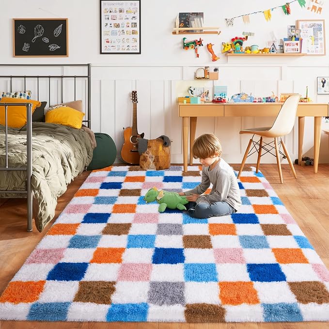 Pionblank Fluffy Area Rug for Bedroom 5x7, Modern Indoor Shag Carpet, Soft Plush Non Slip Checkered Rugs for Living Room Kids Room Home Decor, Rainbow