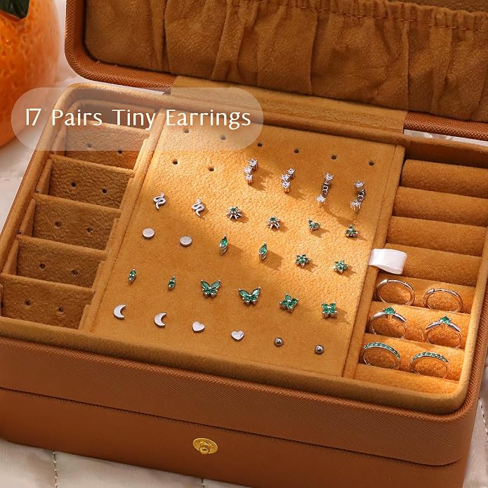 KRFY 25Pcs/17 Pairs Hypoallergenic Surgical Steel Earrings for Sensitive Ears 14K Gold Plated Flat Back Cartilage Earrings for Women Men Screw Back Flatback Stud Hoop Earring Set for Multiple Piercing