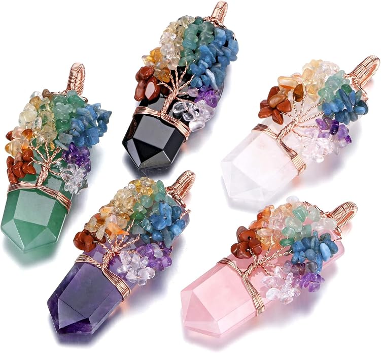 Natural 7 Chakra Stone Life Tree Pendant Necklace Reiki Healing Crystal Tumbled Stones Necklace Women Jewelry for Good Luck, Meditation, Protection, Energy Balancing, Gift