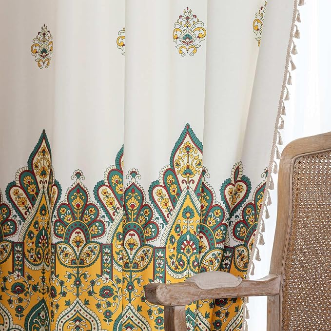 Yellow Paisley Curtains 72 Inches Long, Boho Farmhouse Light Filtering Rod Pocket Drapes with Tassel Trim for Bedroom Living Room, 2 Panels
