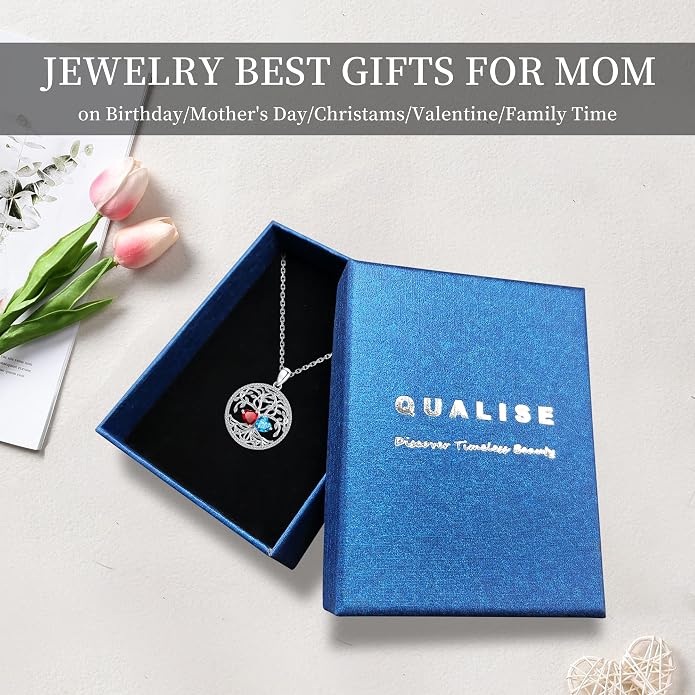 Mothers Day Gifts for Women，925 Sterling Silver Family Tree of Life Pendant Necklaces with 2 Heart Birthstone Jewelry Birthday Anniversary Christmas Gifts for Her Girlfriend Mom Wife Grandma Daughter