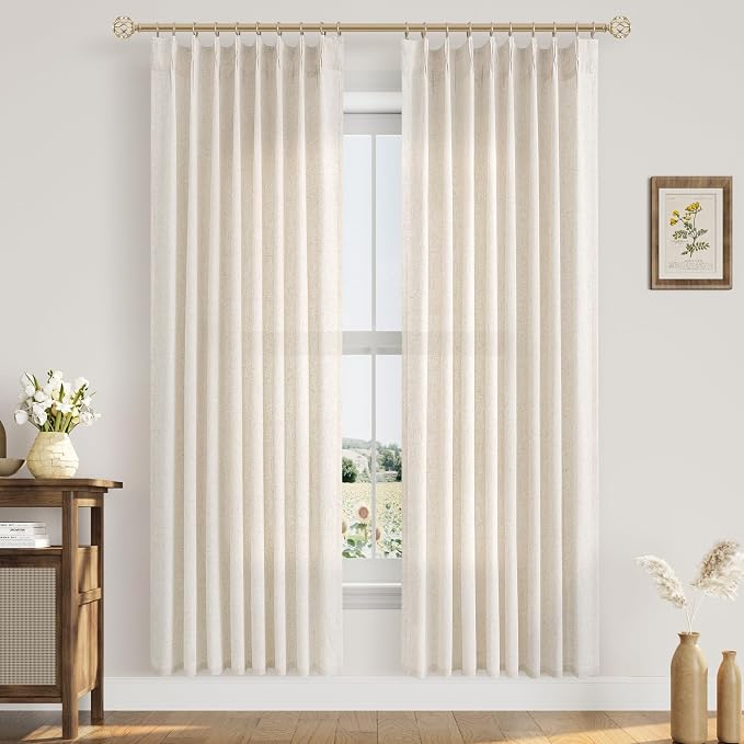 Aersas Natural Pinch Pleat Linen Curtains 80 Inch Length 2 Panels Set for Bedroom Dining Room Semi Sheer Linen Boho Farmhouse Neutral Window Curtains 80 Inches Long for Living Room Nursery 50x80