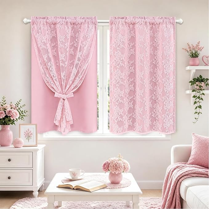 Yinhua Pink Kitchen Curtains 36 Inch Length Double Layer Blackout Curtains for Kitchen Rod Pocket Short Curtain for Windows, Small Window Curtain for Bathroom, Living Room, 2 Panels