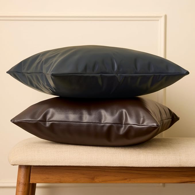 Encasa XO Faux Leather Throw Pillows Covers 20"x20" (Set of 2) | Navy Blue Decorative Cushion Covers | Modern Farmhouse Pillow Cases for Outdoor, Living Room, Bedroom, Couch, Sofa
