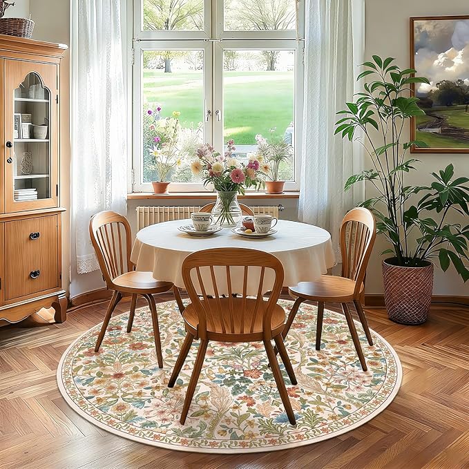 Round Rug 5ft Beige Washable Floral Circle Rug,Vintage Boho Botanical Round Area Rugs, Non-Slip Soft Low-Pile Circular Carpet for Bedroom,Kids Room,College Dorm,Home Decor