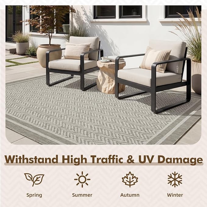 MontVoo-Outdoor Rug-Patio Rug 8x10 Polypropylene Indoor Outdoor Rugs Outdoor Carpet for Patio Deck Balcony Porch, Textured Weave, Durable for High Traffic, Fade-Resistant, Boho Farmhouse Silver Grey