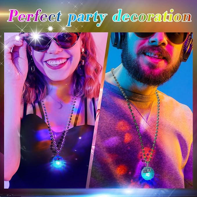 Sasylvia 12 Pcs LED Disco Ball Necklaces Light up Bead Necklaces 70s Disco Party Favors Glow in The Dark Bead Jewelry Costume Accessories for New Year Party Dance Supplies(Silver, Colorful)