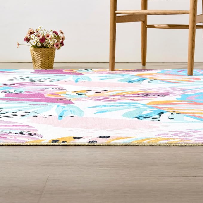 RoomTalks Tropical Leaves Washable Rug, Colorful Pink Blue Boho Cute Floral Aesthetic 4x6 Area Rugs for Bedroom Dorm Living Room Kitchen, Modern Abstract Art Palm Leaf Thin Indoor Entryway Carpet