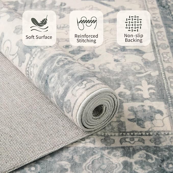 Rugxara 8x10 Washable Area Rug for Living Room, Extra Large Neutral Vintage Boho Rugs for Office, Kids Room, Farmhouse, Durable Low Pile Non Slip Carpet for High Traffic Areas, Light Blue Grey