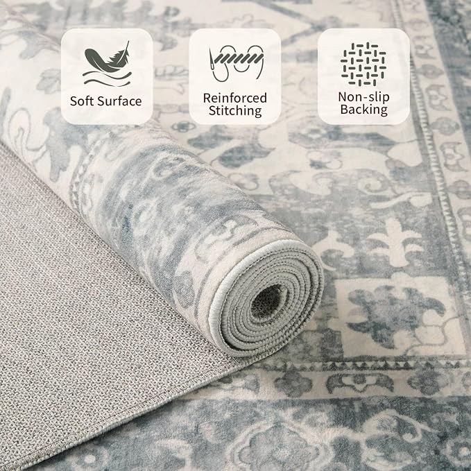 Rugxara 2'6" x 8' Hallway Runner Rug, Non Slip Boho Runner Rugs for Hallway, Kitchen, Entrance, Bathroom, Laundry Room, Soft Ultra-Thin Entryway Carpet, Throw Low Pile Retro Carpet, Blue/Grey