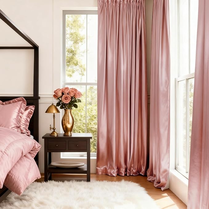 HOMEIDEAS 2 Panels Blush Pink Faux Silk Blackout Luxury Curtains, 52 X 84 Inch Room Darkening Satin Thermal Insulated Vintage Window Drapes for Bedroom Decor, Indoor