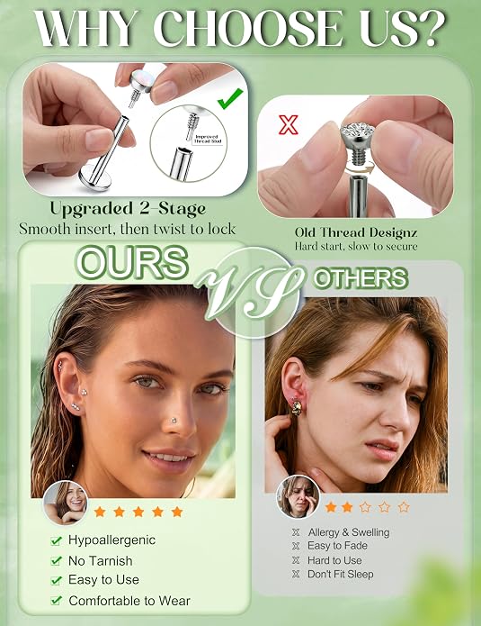 Flat Back Stud Earrings for Women Hypoallergenic Surgical Steel Internal Thread CZ Stud Piercing Jewelry for Tragus Helix Conch Cartilage 14K Gold/Silver Plated Nose Lip Labret Medusa Piercing 16G 18G