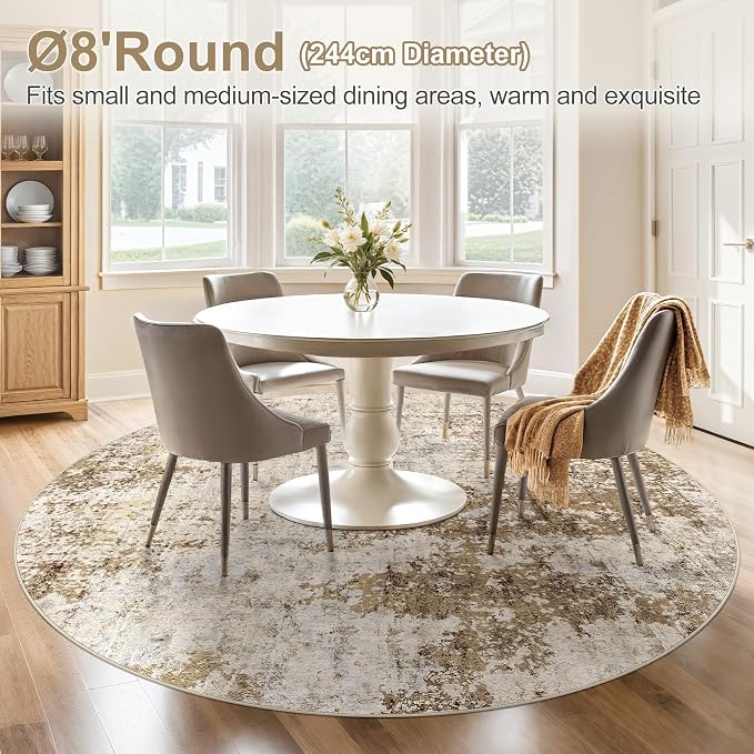 8ft Round Area Rug Living Room Rugs - 8x8 Washable Large Soft Indoor Neutral Modern Abstract Low Pile Rug Carpet for Bedroom Dining Room Farmhouse Home Office - Light Brown