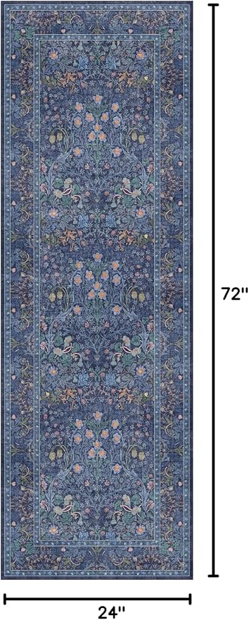Hazo Haus Non Slip 2x6 Dark Blue Kitchen Runner Rug - Long Runner Rugs 24 x 72 Washable Hallway Floor Mat, Bedroom Laundry Room Bathroom Runner - Dusky Navy Vintage Floral Design Décor
